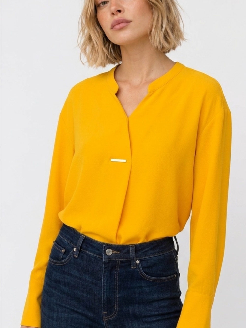 Marc New York Bright Mustard Split-Neck Long Sleeve Blouse